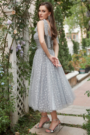 Grey Spaghetti Straps Tea-Length Prom Dress With Bowknots